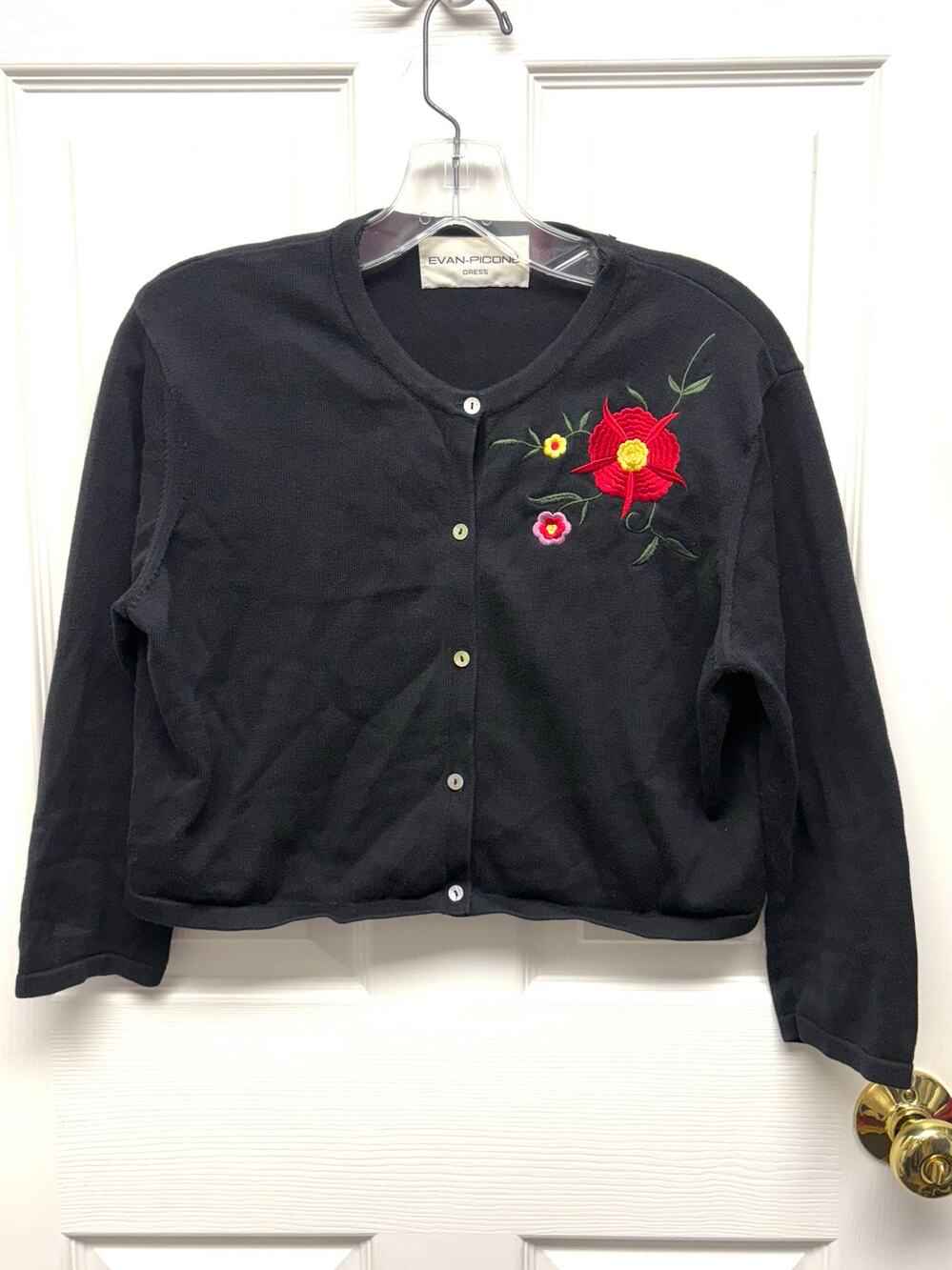 Evan-Picone Cardigan Black Cotton Cropped 3/4 Sleeve Shell Buttons Size S